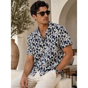 TED BAKER Jet Stream Floral Print Camp Collar Linen Blend Shirt Small NWT